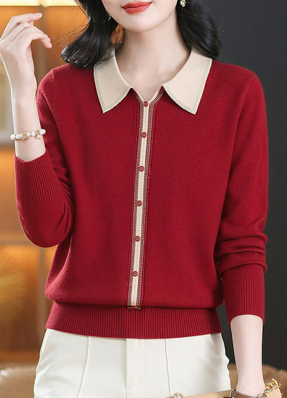Chic Contrast Collar Knit Sweater Long Sleeve Pullover Top