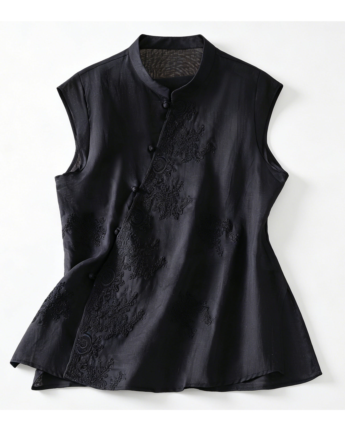 Embroidered Asymmetrical Cotton-Linen Blouse | Lightweight Summer Mandarin Collar Top