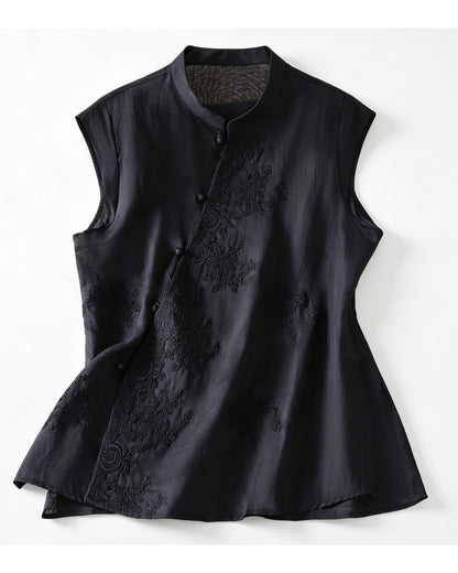 Embroidered Asymmetrical Cotton-Linen Blouse | Lightweight Summer Mandarin Collar Top