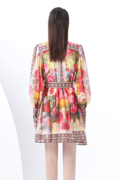 Women's Chiffon Floral Print Lantern Sleeve Mini Dress