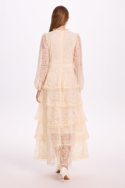 Women's Mesh Embroidery Ruffle Tiered Layered Maxi Dress