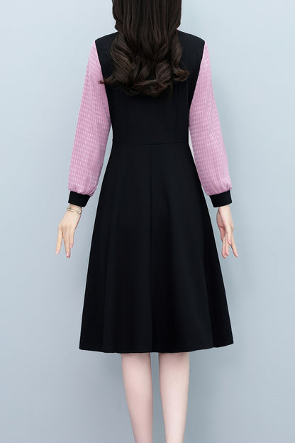 Women's Lapel V-Neck Pocket Long Sleeve Black Dress