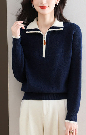 Contrast Collar Half-Zip Knit Sweater – Chic Colorblock Ribbed Pullover
