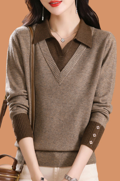 Women's Polo Contrast Collar Sweater Pullover Top