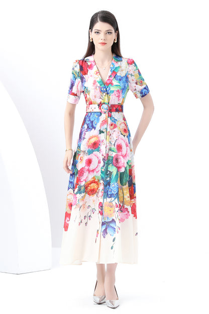 Women's V-Neck Button Floral Print Maxi Dress