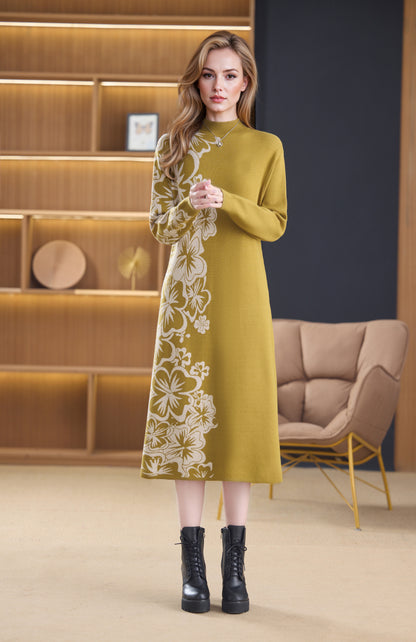 Women's Long Sleeve Stretch Sweater Knit Midi Dress