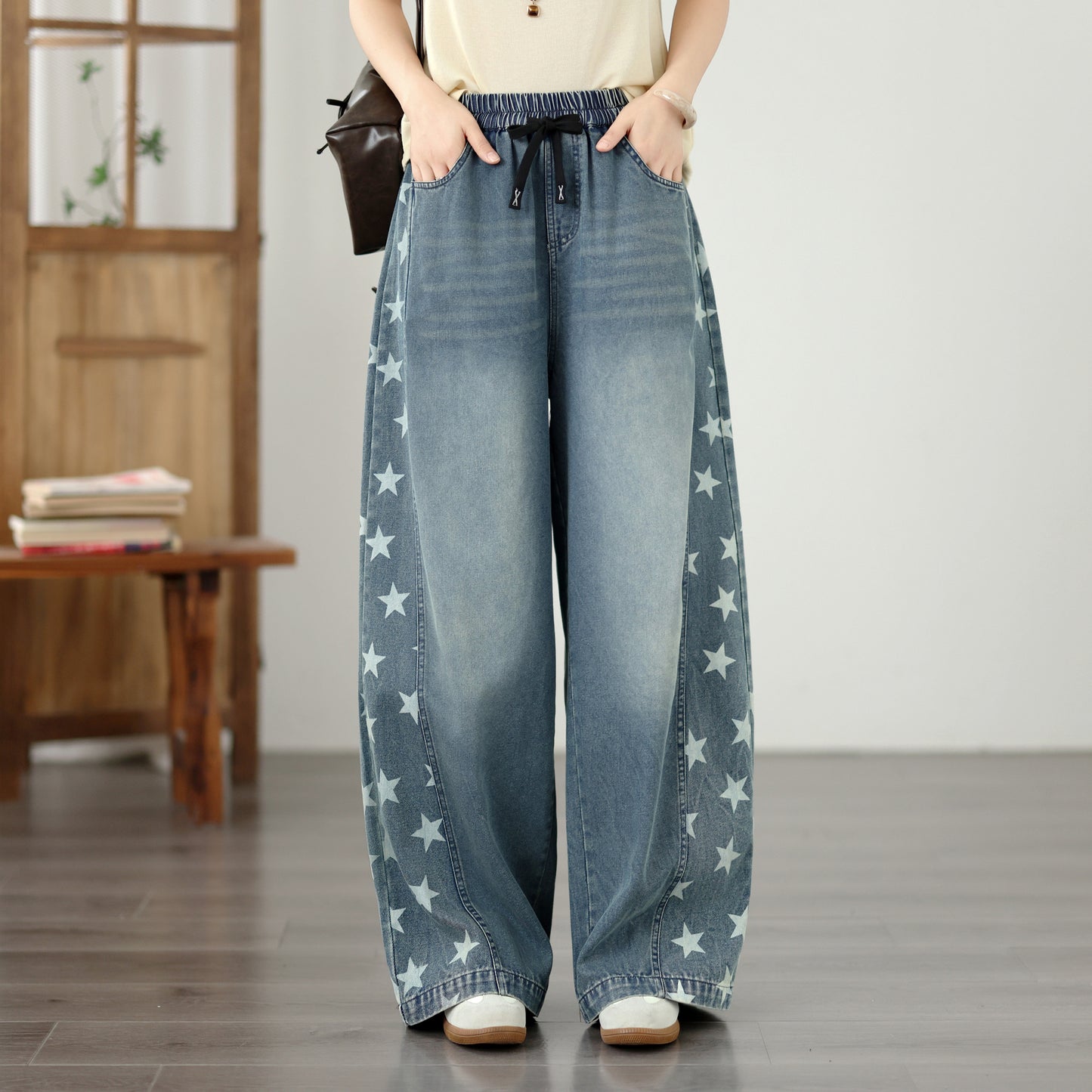 Women's Wide Leg Jeans Elastic Waist  Casual Loose Curved Pants - LAI MENG FIVE CATS