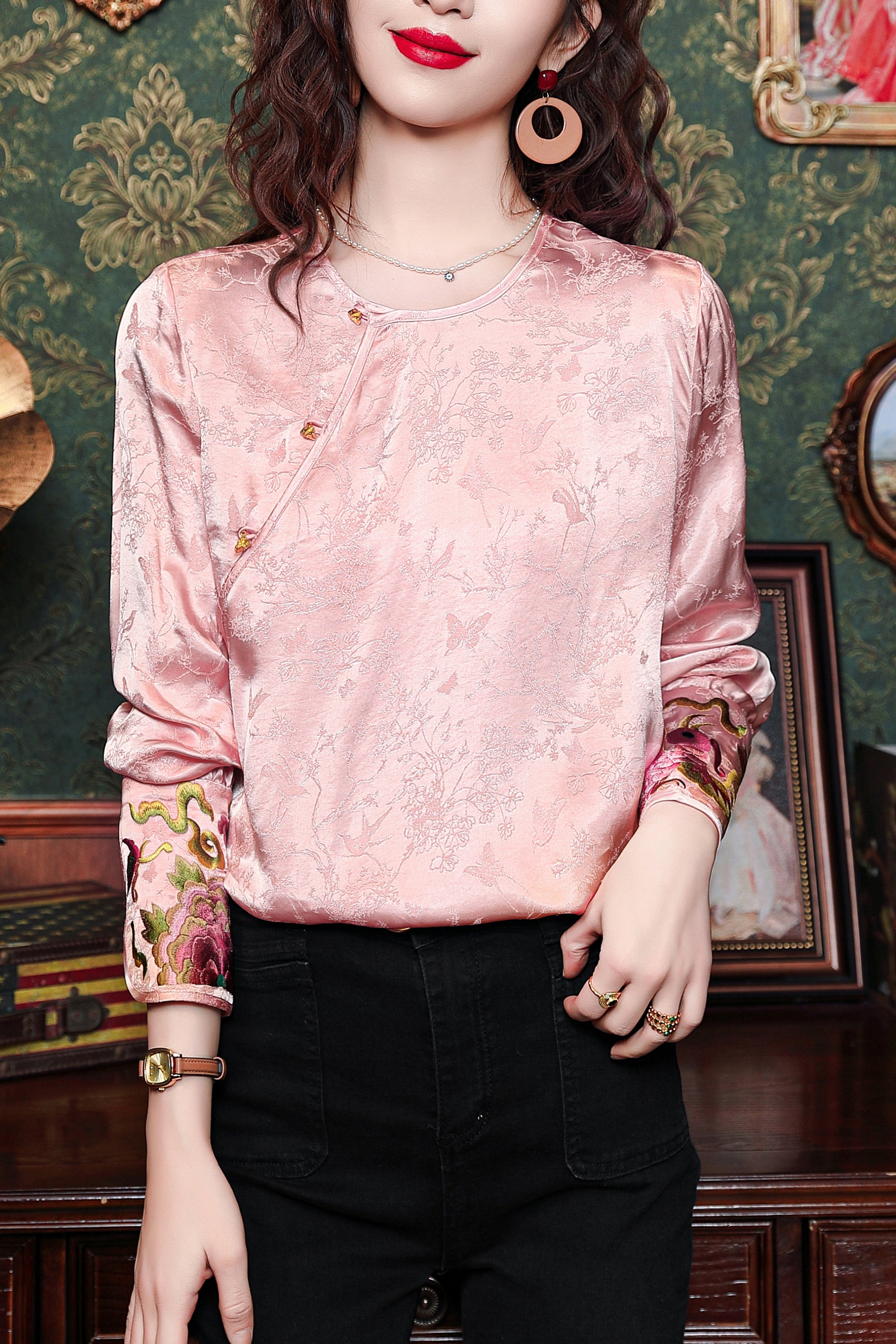 Women's Round Neck Jacquard Embroidery Blouses - LAI MENG FIVE CATS
