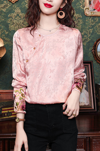 Women's Round Neck Jacquard Embroidery Blouses - LAI MENG FIVE CATS