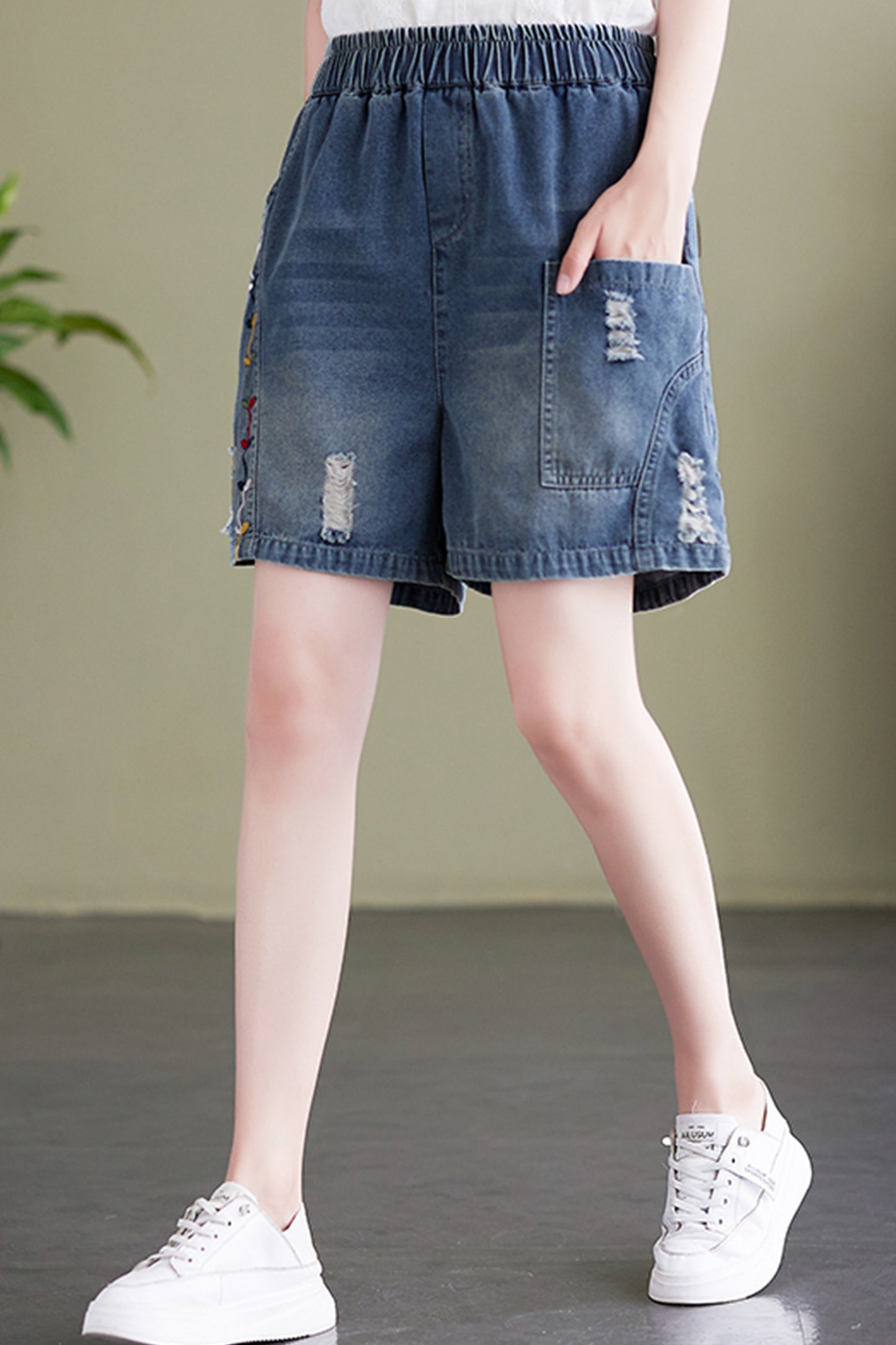 Women's Baggy Pull On Jeans Ripped Denim Shorts - LAI MENG FIVE CATS