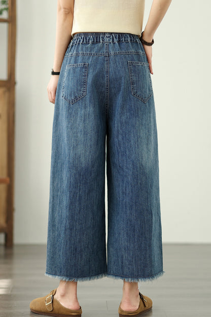 Women's Wide Leg Denim Pants Fringe Jeans