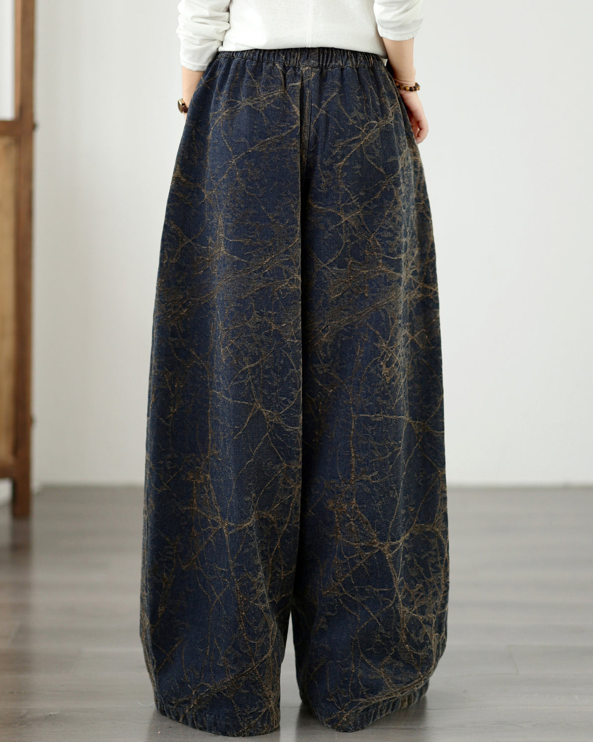 Vintage Dark Denim Wide-Leg Pants | Artistic Crackle Print & Elastic Waist