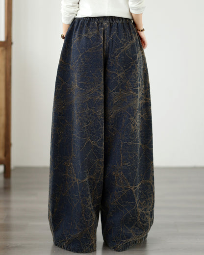 Vintage Dark Denim Wide-Leg Pants | Artistic Crackle Print & Elastic Waist