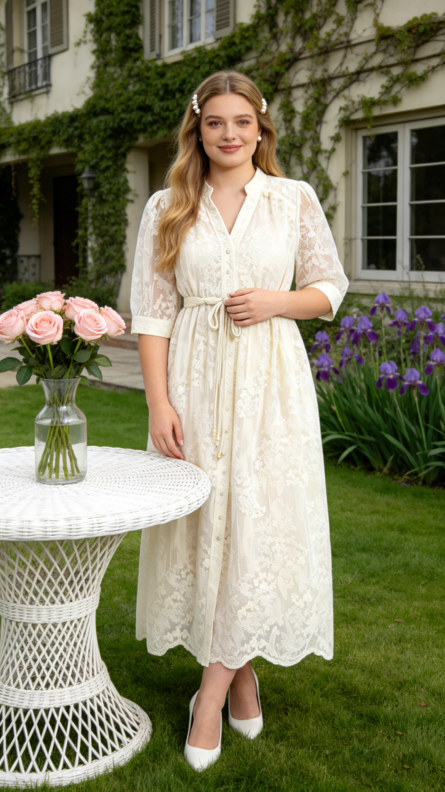 Apricot Embroidered Mesh Elegant Midi Dress - LAI MENG FIVE CATS