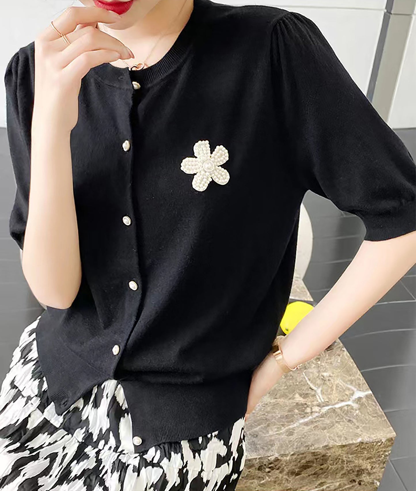 Women's Button Knit Tops Floral Print Casual Blouse