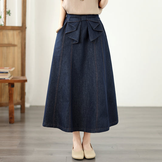 Bow Waist Denim Midi Skirt – Dark Wash Quiet Luxury Skirt