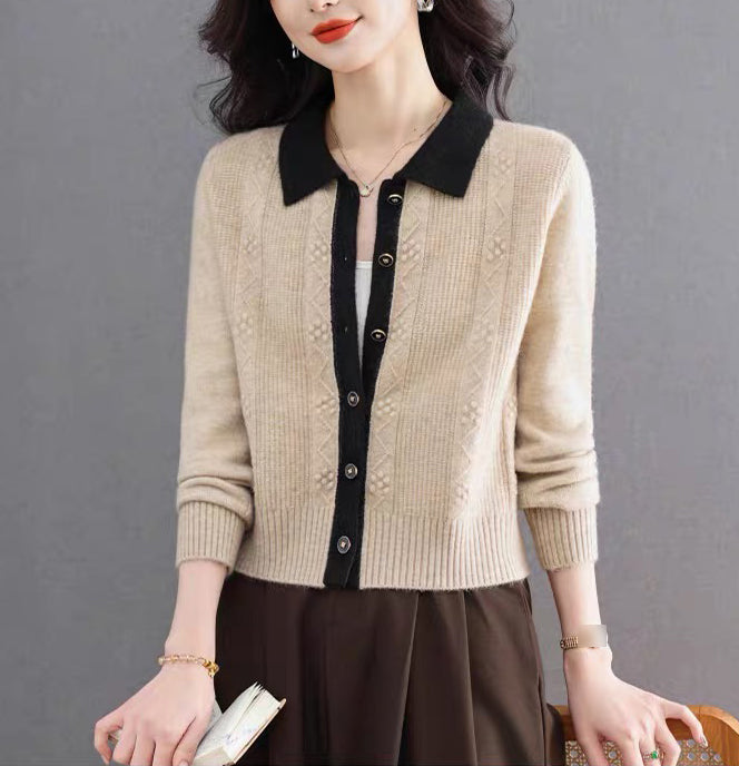 Vintage Contrast Collar Cable Knit Cardigan | Textured Button Crop Sweater