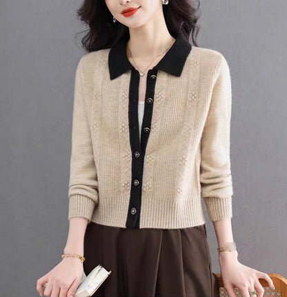 Vintage Contrast Collar Cable Knit Cardigan | Textured Button Crop Sweater