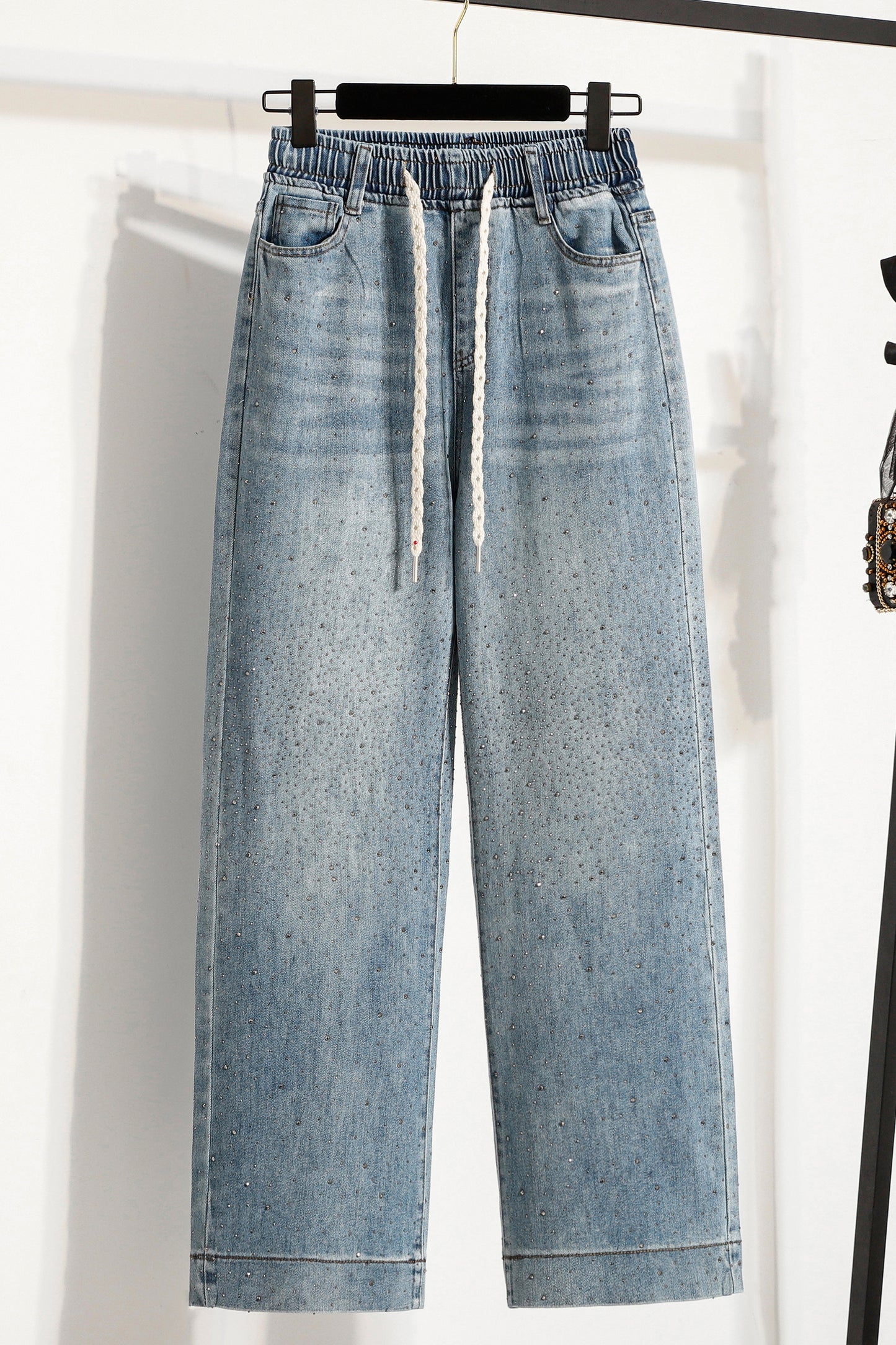 26-Women's Jeans Elastic Waist Baggy Wide Leg Denim