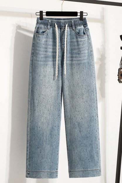 26-Women's Jeans Elastic Waist Baggy Wide Leg Denim