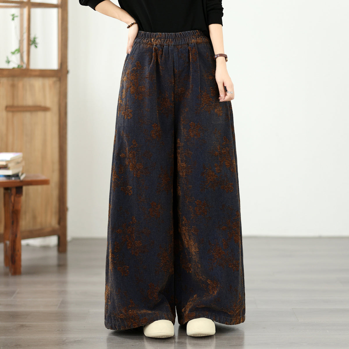 Vintage Floral Denim Wide-Leg Pants | Dark Indigo & Elastic Waist