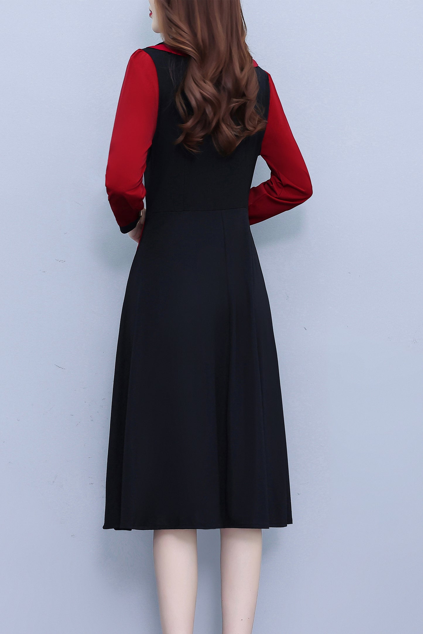 Women's Peter Pan Collar Long Sleeve Black Dress with Pocket