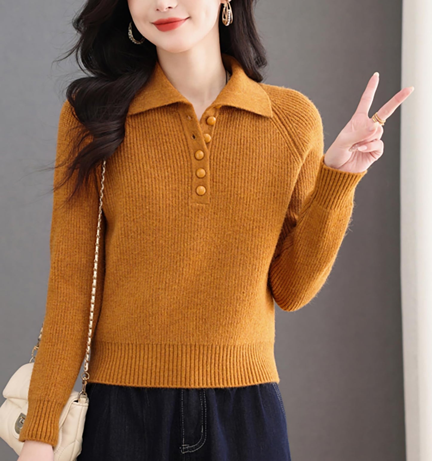 Women's Ribbed Knit Polo Top — Soft Button-Front Sweater