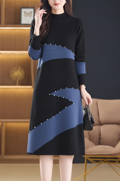 Women's Long Sleeve Sweater Knit Color Block Dress