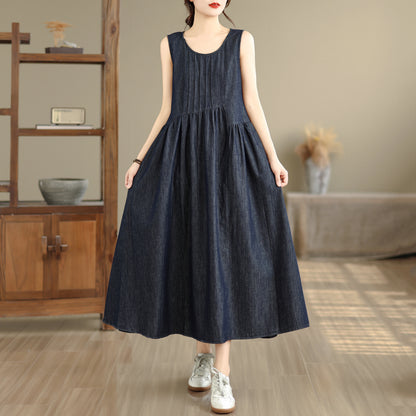 Casual Sleeveless Denim Loose Vest Midi Dress with Pockets