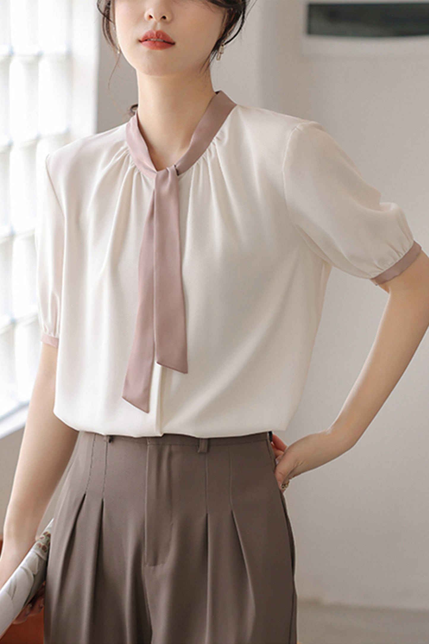 Tie Neck Button-up Short Sleeves Blouse Tops