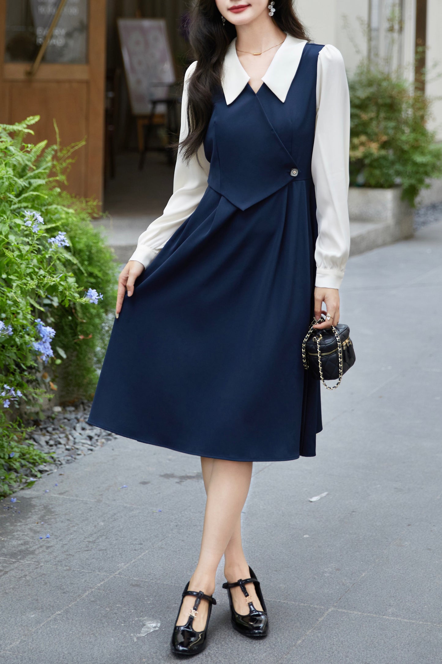 Women's  Lapel V-Neck Preppy Dress Midi Dresses