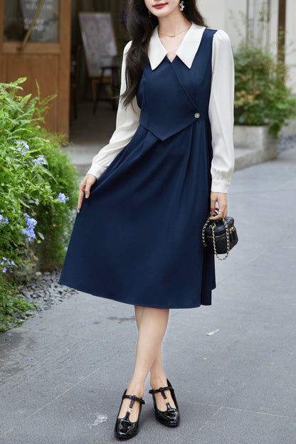 Women's  Lapel V-Neck Preppy Dress Midi Dresses