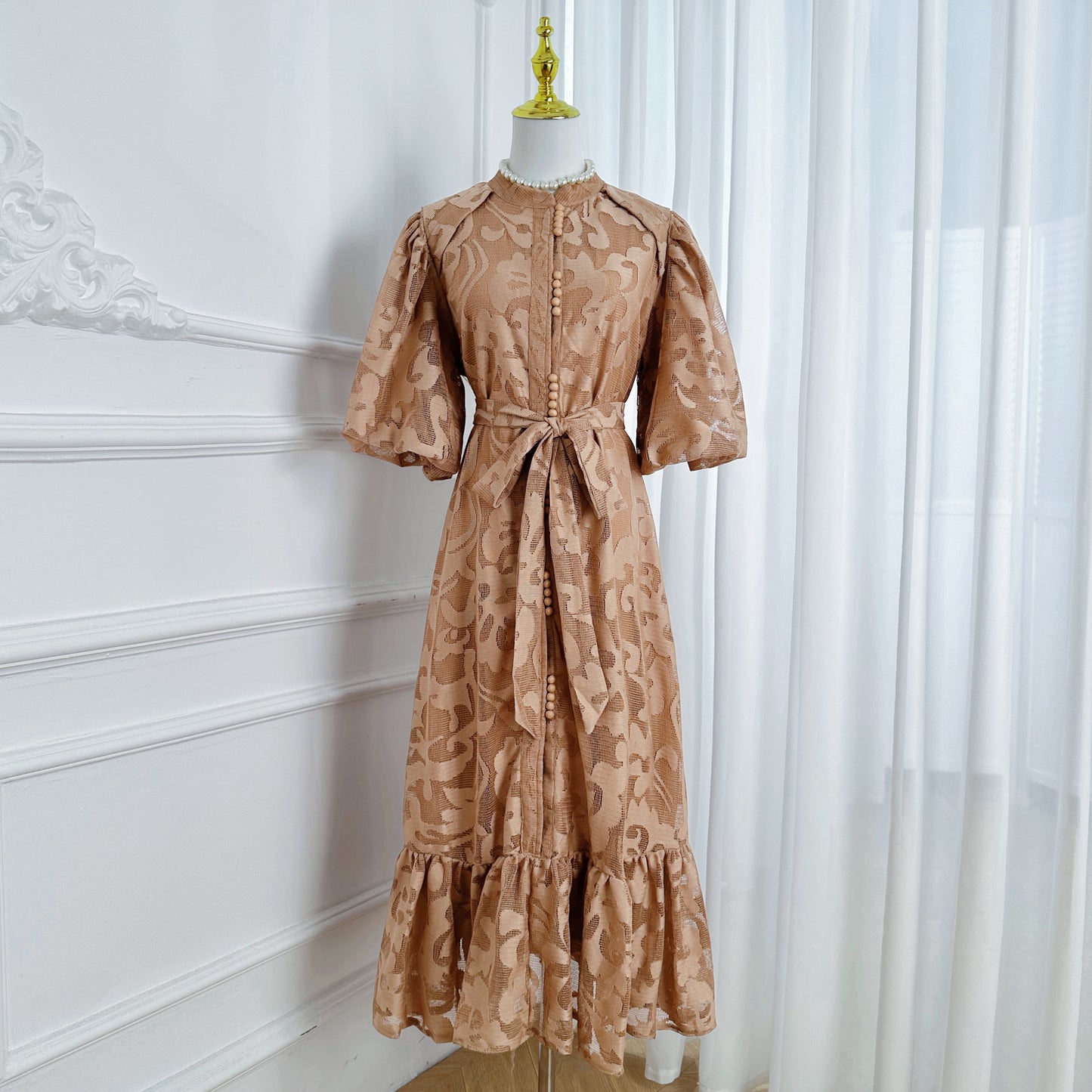 Loose Lace Midi Dress with Front Buttons, Ruffle Hem & Fully Lined - LAI MENG FIVE CATS