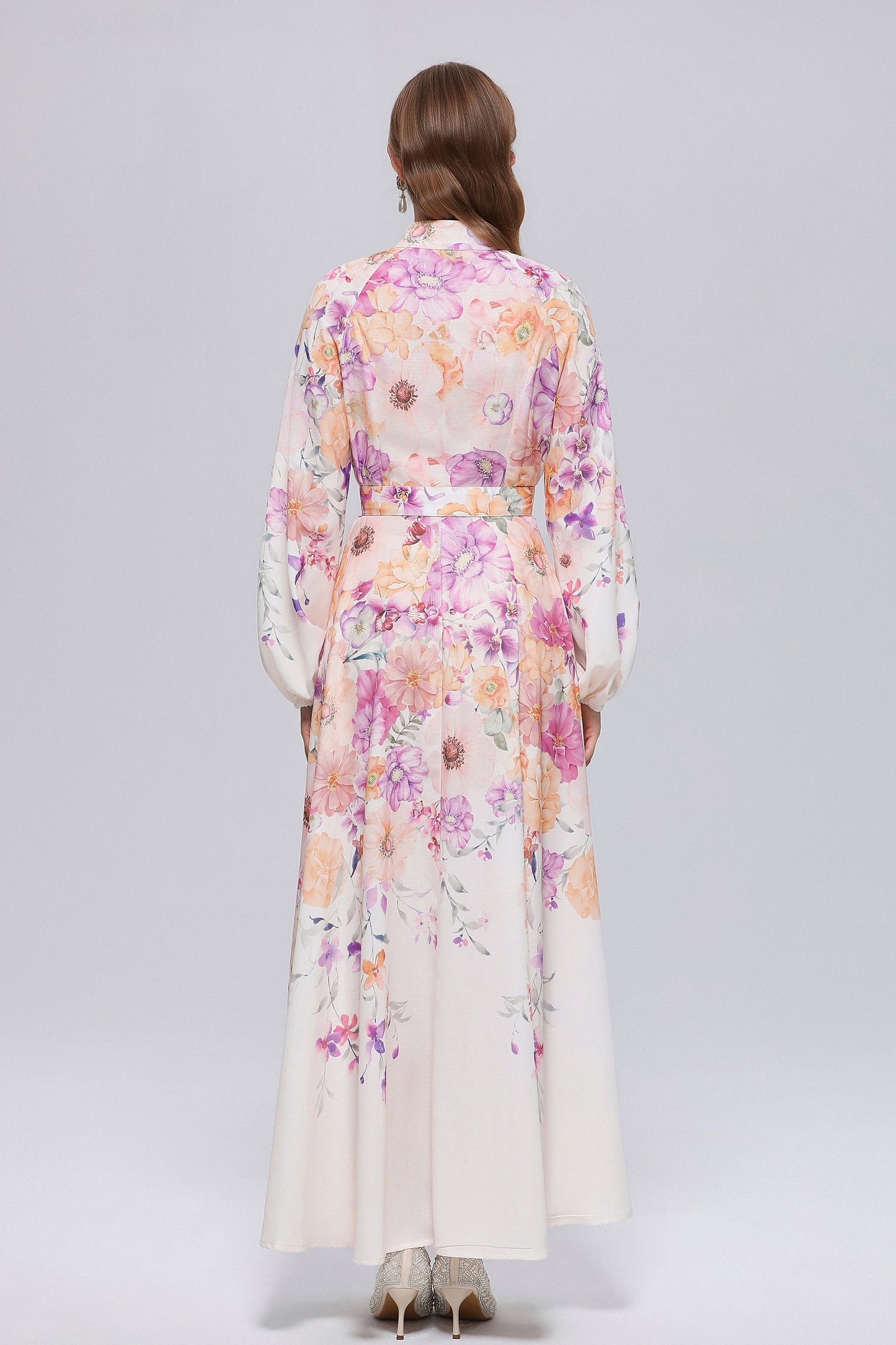 26-Women Floral Print Button Flowy Maxi Belt Dress