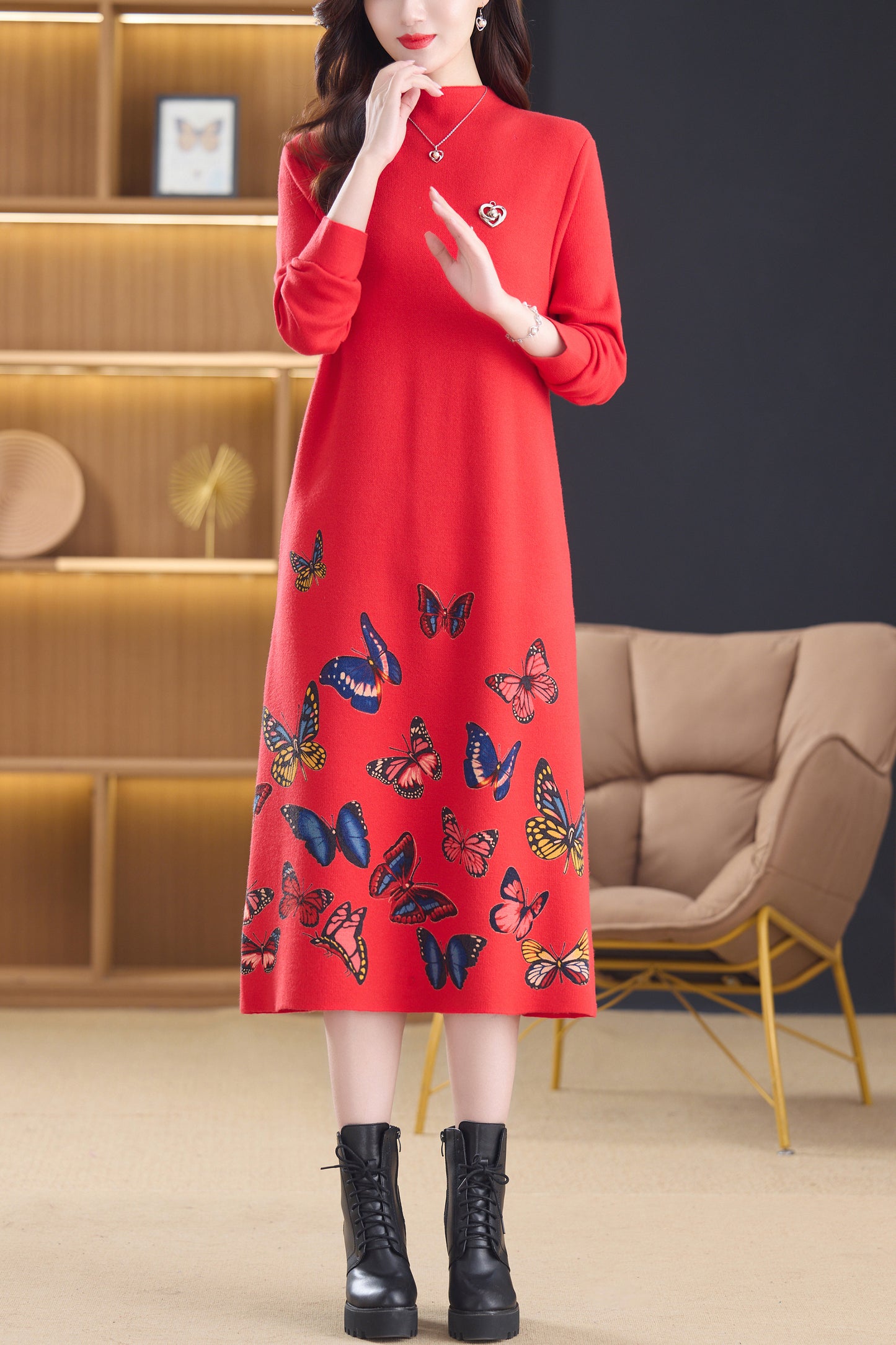 Women's Turtleneck Sweater Long Sleeve Red Dress