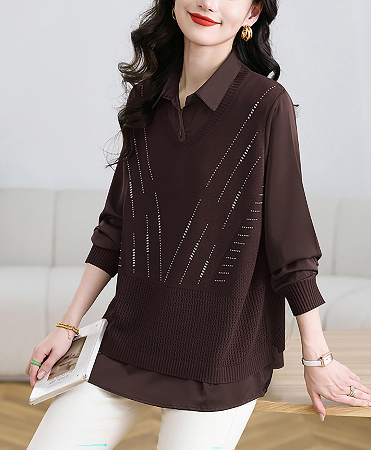 Women's 2-in-1 Layered Knit Vest Top — Shirt Collar with Dotted Trim