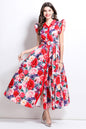 BK-Floral V Neck Sleeveless Ruffles Maxi Dresses