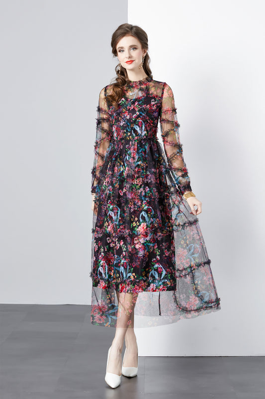 Retro Casual Elegant Mesh Embroidered Midi Dress
