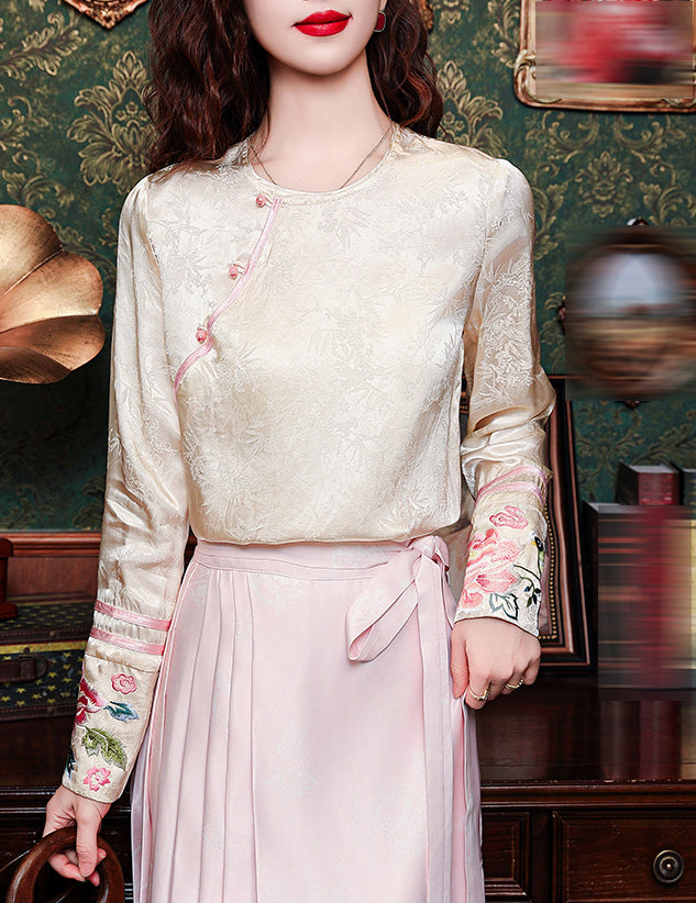 New Chinese Style Jacquard Blouse with Embroidered Cuffs