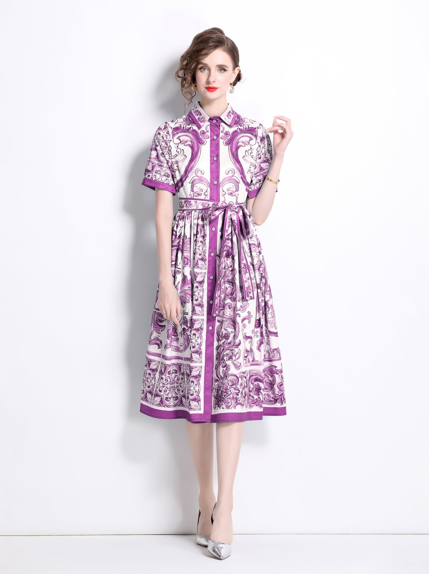 Women's Floral Print Short Sleeve Collar Midi Dress