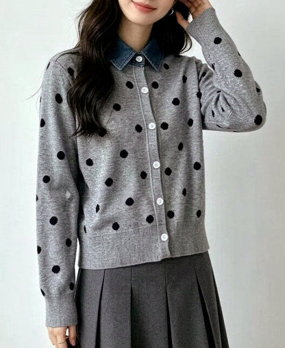Polka Dot Knit Cardigan with Denim Collar