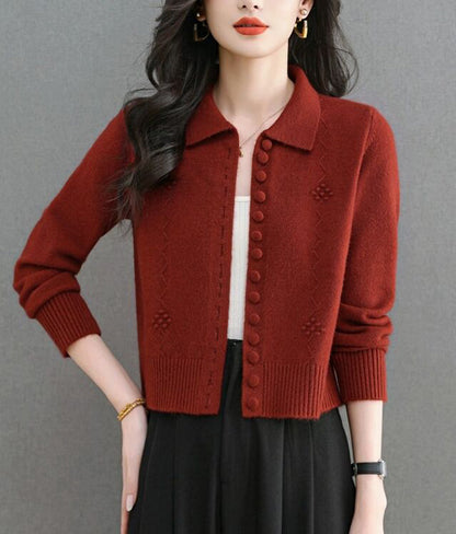 Textured Knit Zip-Up Cardigan Polo Collar Cropped Outerwear