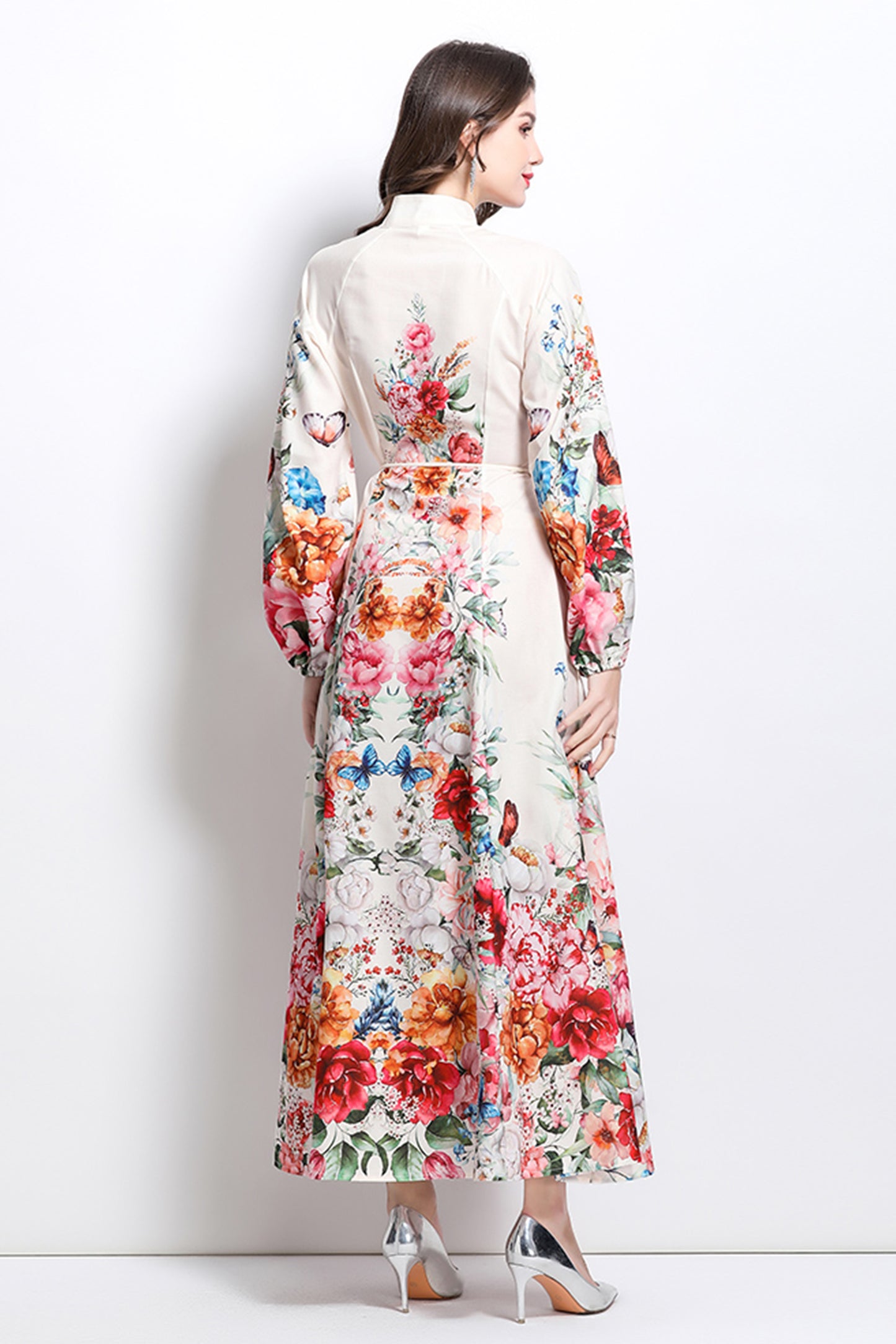 Women's Floral Print Puff Sleeve Split Party Maxi Dress