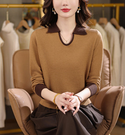 Chic Contrast Collar Ribbed Knit Top – Women's Polo V-Neck Sweater - LAI MENG FIVE CATS