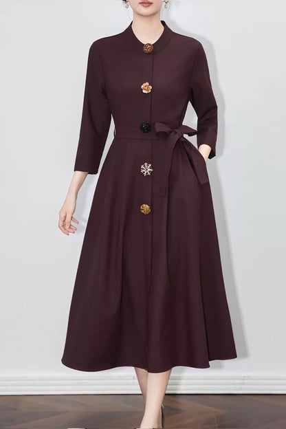 Women's 3/4 Sleeve Button Midi Dress with Pocket