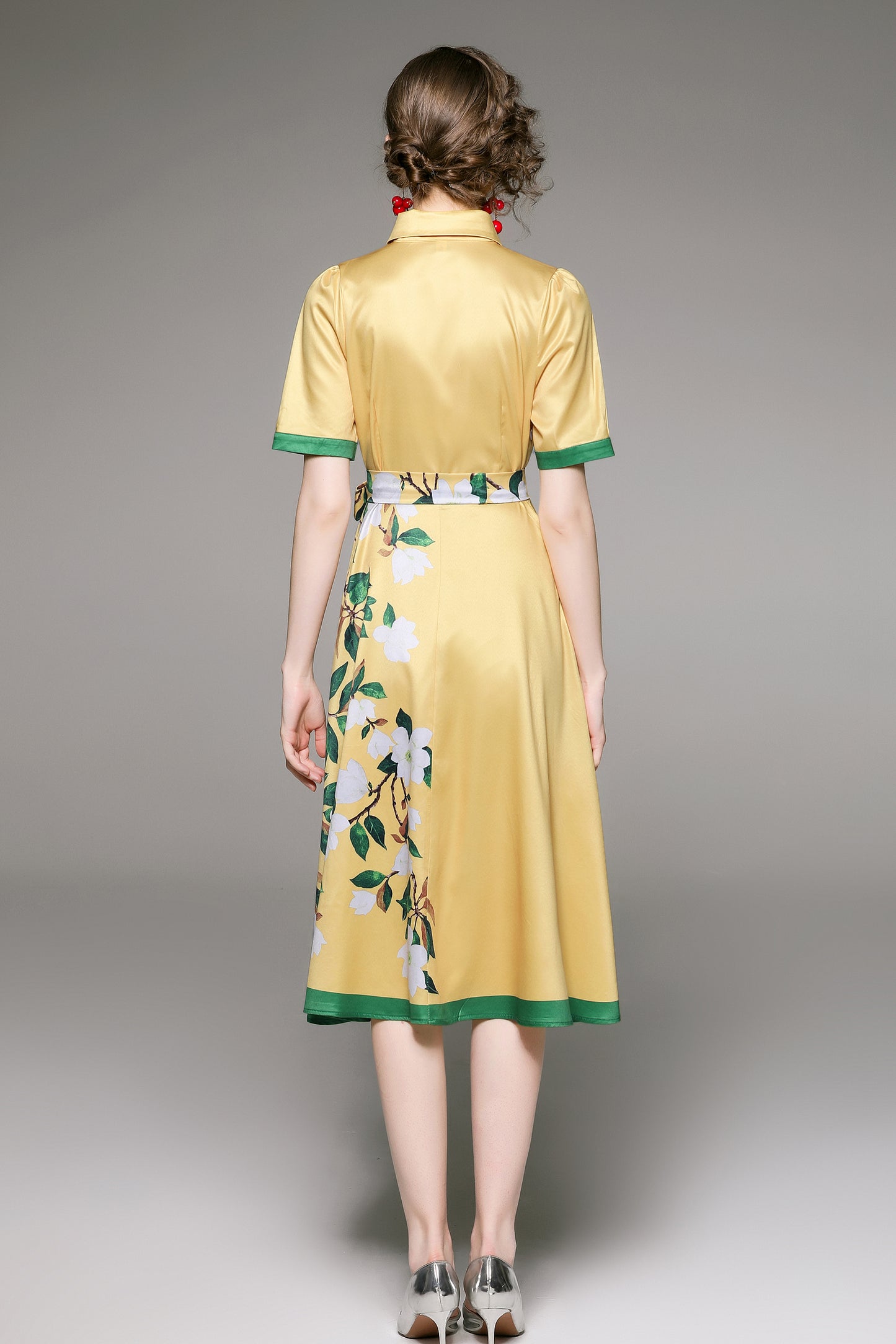 FSY-Women's Short Sleeve Floral Print Button Midi Dress