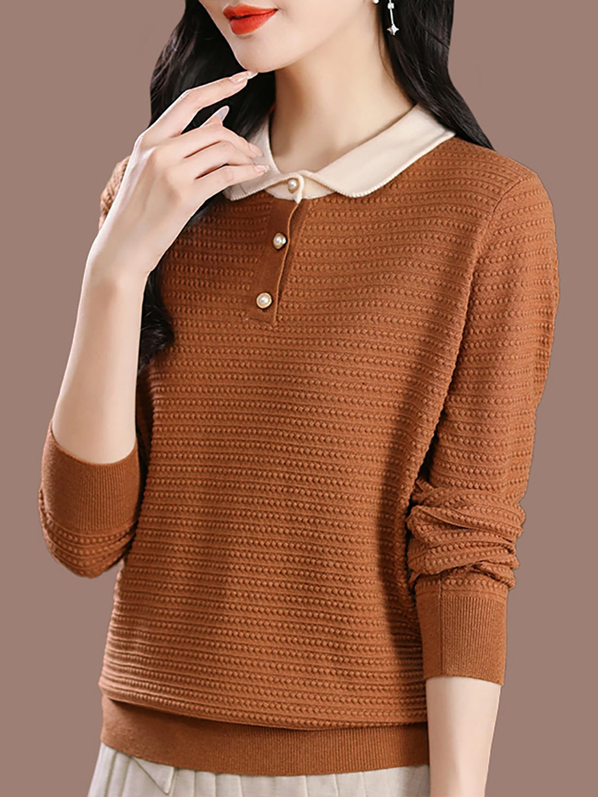 Long-Sleeve Knit Top — Polo Sweater Contrast Collar & Pearl Buttons