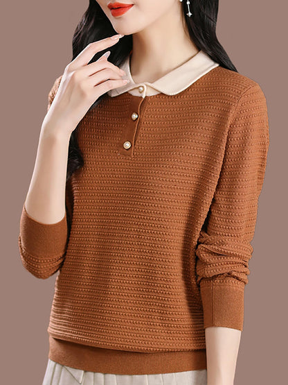 Long-Sleeve Knit Top — Polo Sweater Contrast Collar & Pearl Buttons