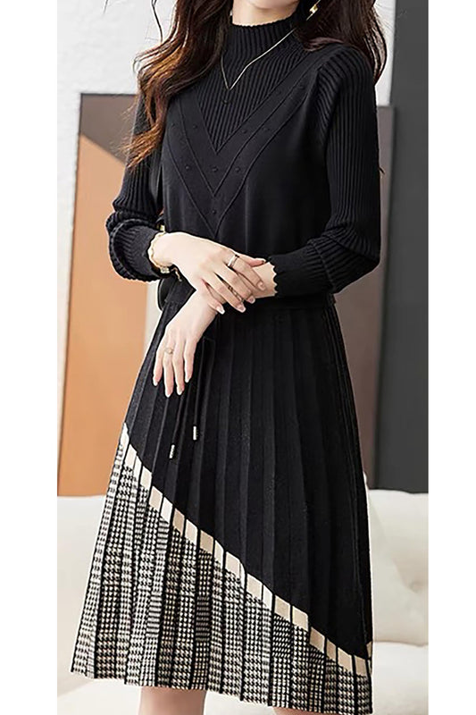 BK-Stripe Drawstring Knit Pullover Midi Dress