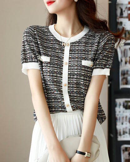 Chic Short-Sleeve Tweed Knit Top Short Sleeve Effortless Shirt